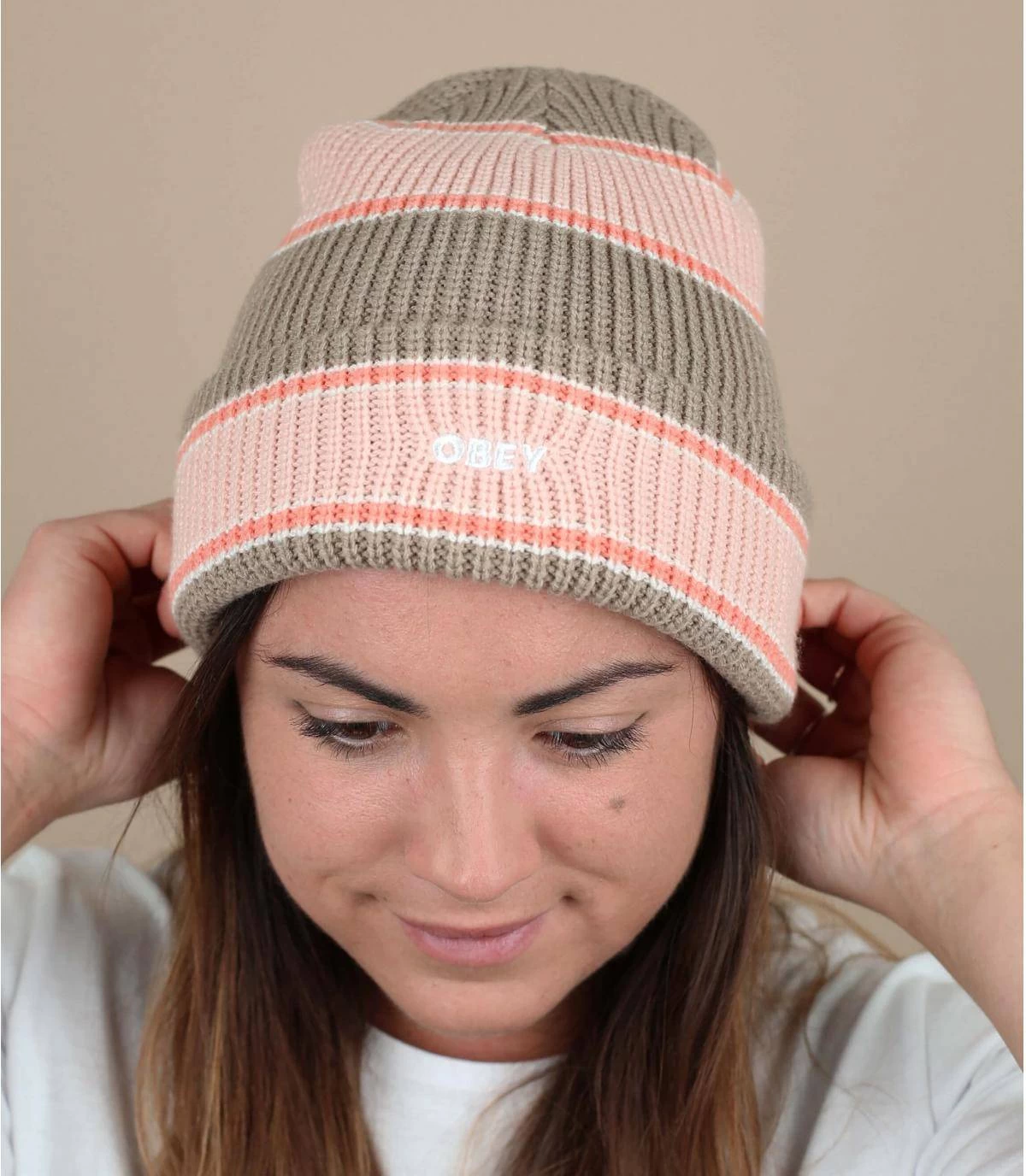 OBEY Future Stripe Beanie Pink Putty